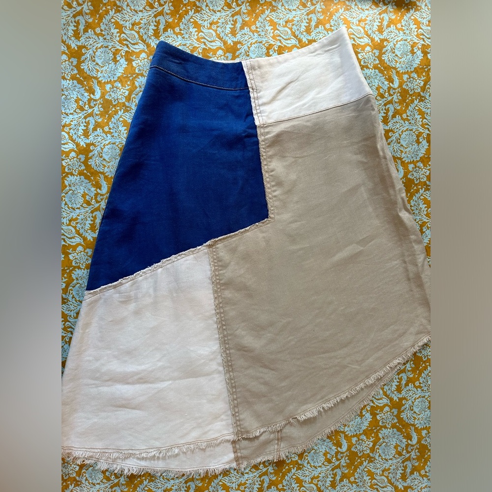 Holding Horses Women’s Beige Blue Patchwork Style Linen Flared Midi Skirt